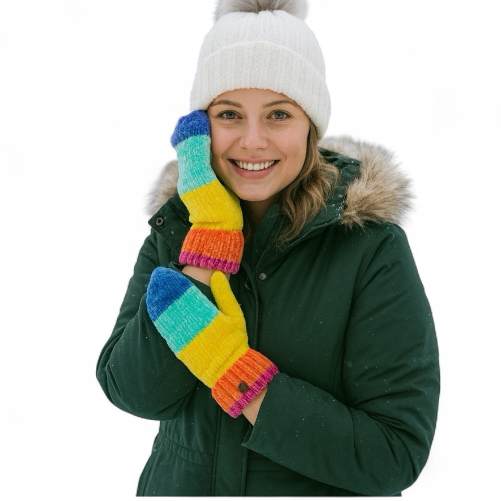 Kurt Geiger London Cosy Eagle Colorblock Rainbow Chenille Knit Mittens Brand NWT